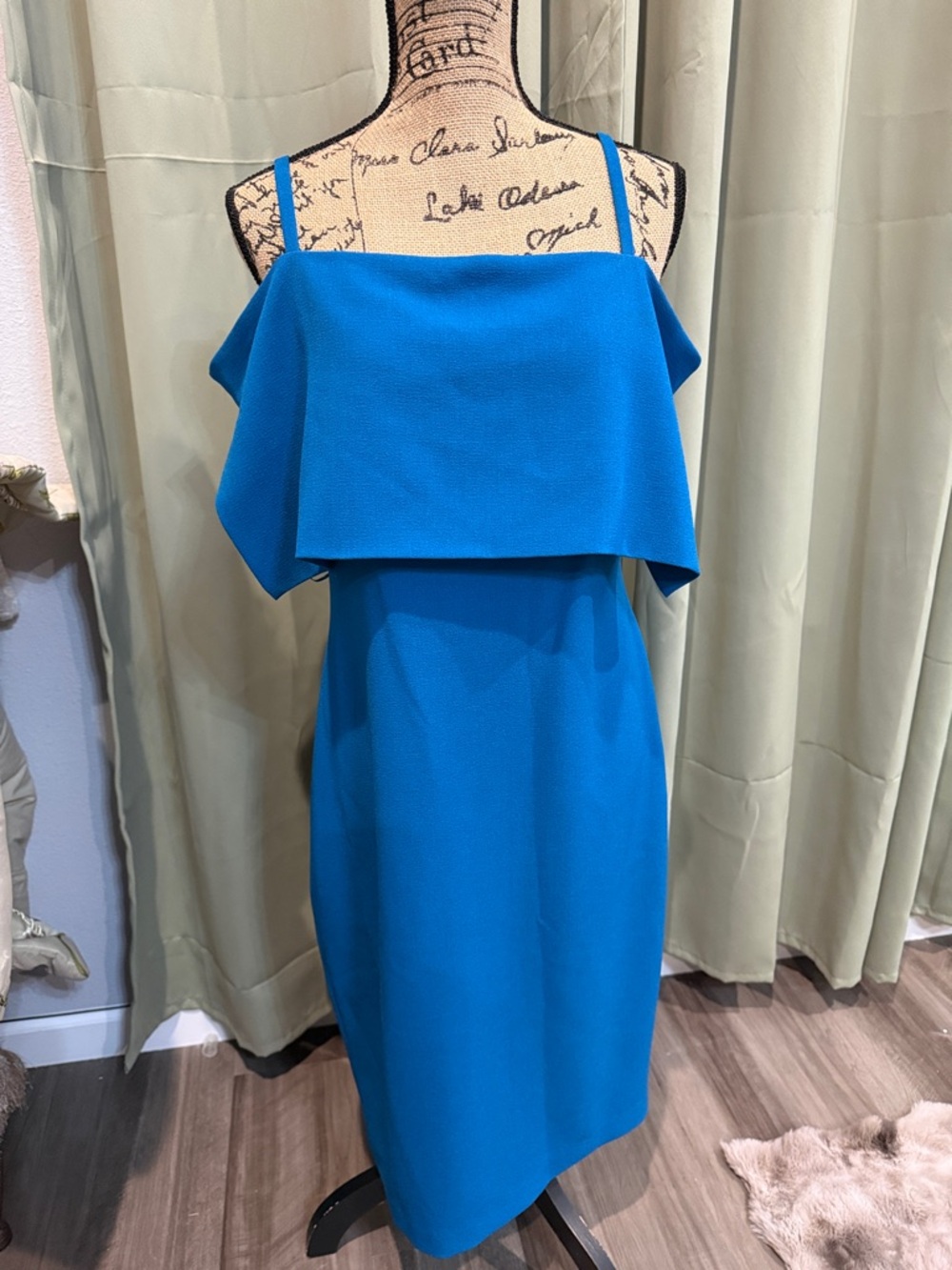Nicole Miller Teal Blue Off-Shoulder Layered Midi Dress